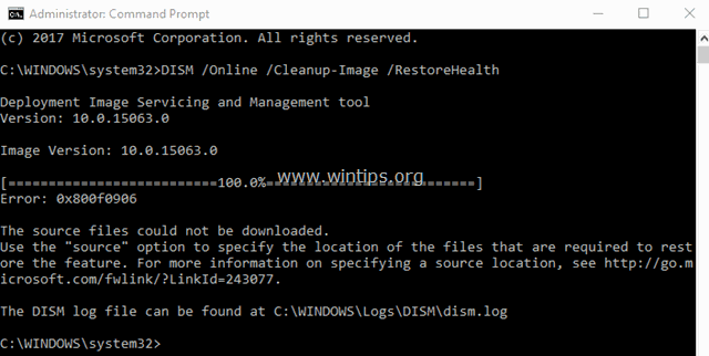 Cómo solucionar: No se han podido descargar los archivos de origen de DISM, Error 0x800f0906 (Windows 10/8.1).