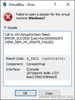 ARREGLAR Error de VirtualBox: La llamada a WHvSetupPartition falló: ERROR_SUCCESS (Resuelto)